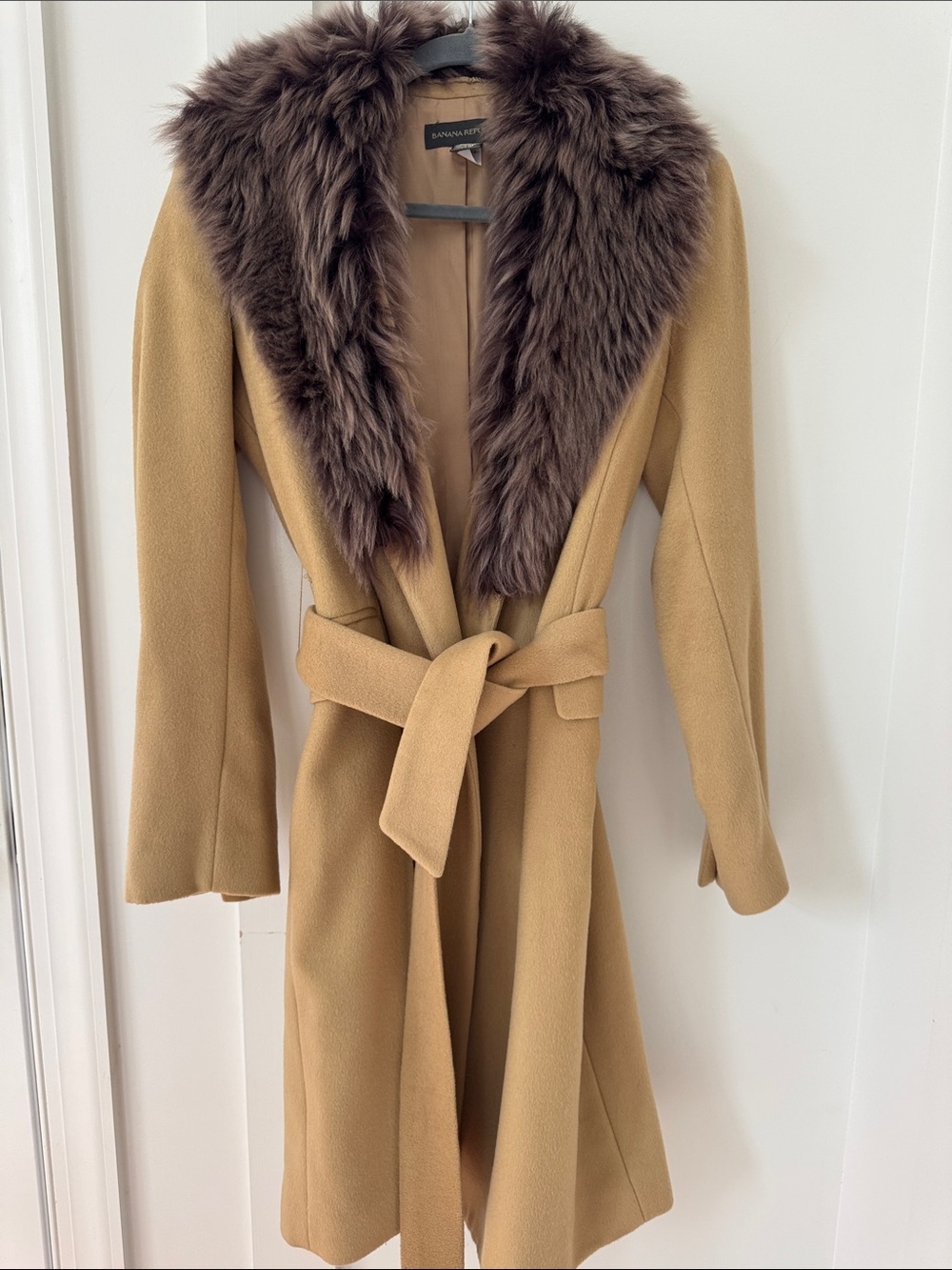 Vintage Banana Republic Camel Wool Cashmere Wrap Coat Italian Fur Neckline S